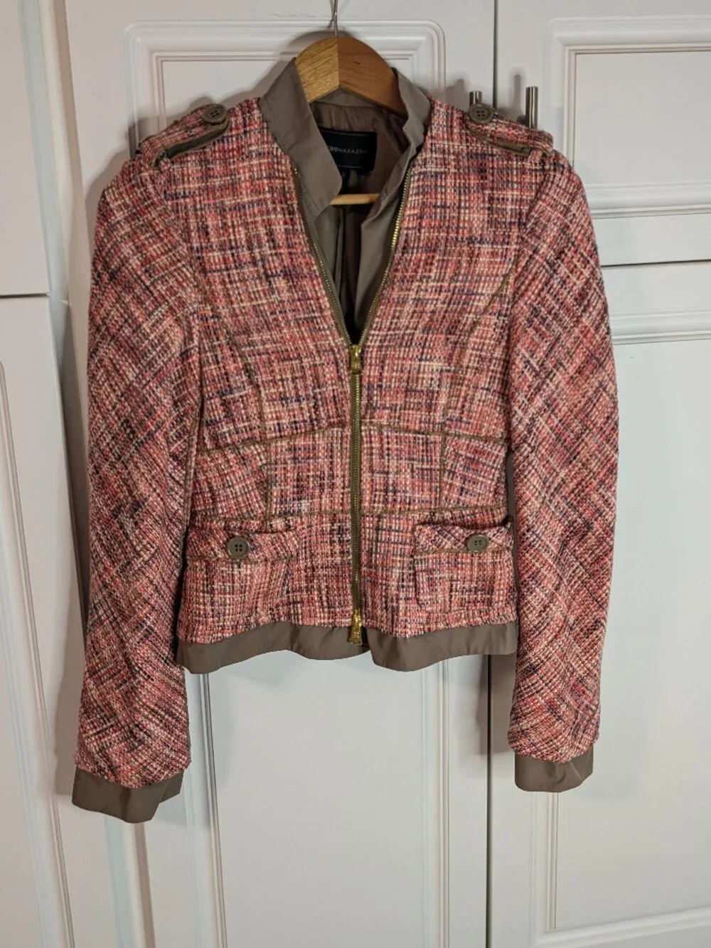 BCBGMAXAZRIA Pink Tweed Moto Jacket S Barbiecore Military Chic Y2K Glam EUC - Picture 4 of 12